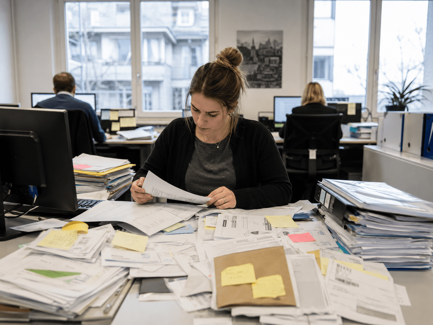 Treuhandmitarbeiterin sortiert viele Dokumente und Belege in einem Schweizer Büro