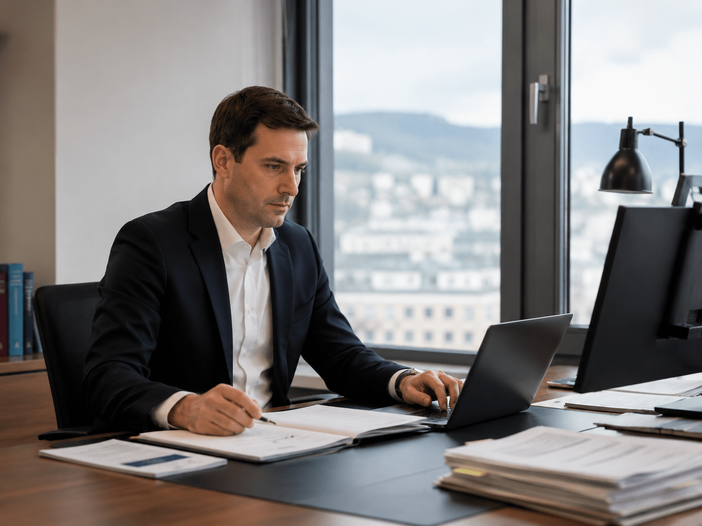Anwältin und Anwalt besprechen sichere Kanzlei-Workflows mit Tablet